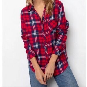 Rails Red Plaid Gold Thread Brushed Rayon Plaid Shirt Size M Comfy Travel Camp